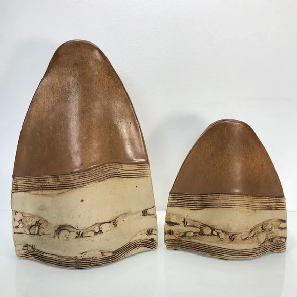 Alka Malta Vintage Art Pottery Pair of Vases with Earth Tones Landscape Design - Picture 1 of 16